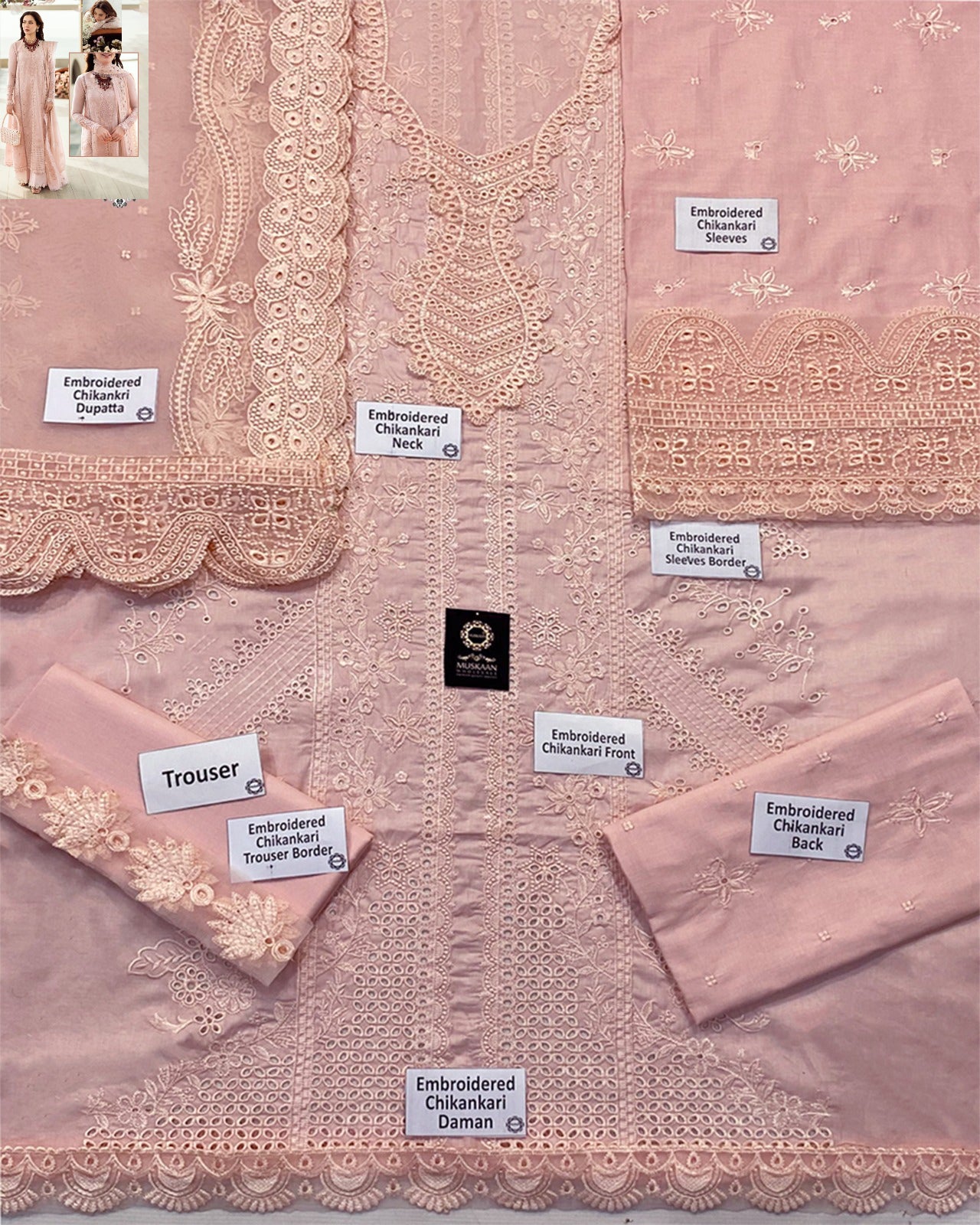 Qalamkar Sahil Luxury Lawn Chikankari Collection- Tea Rose Pink