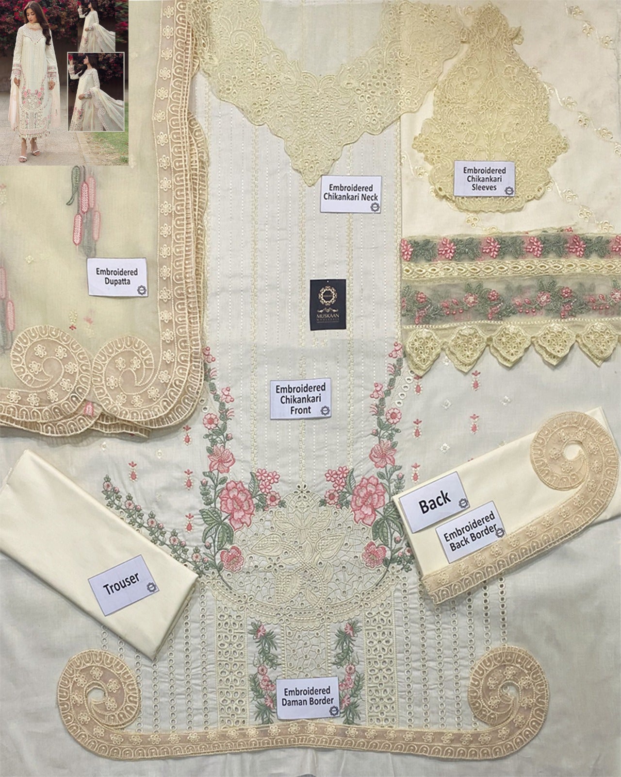 Qalamkar Embroidered Chikankari Luxury Lawn Collection- Pearl White