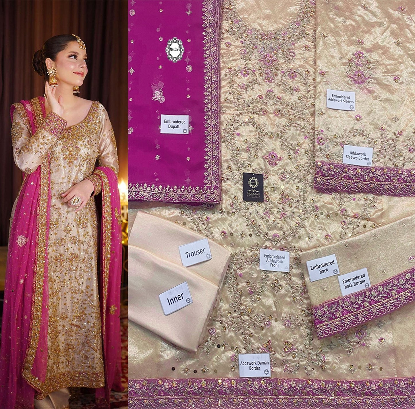 Harris Shakeel Embroidered Addawork Formal Wedding Wear Collection-Gold & Pink