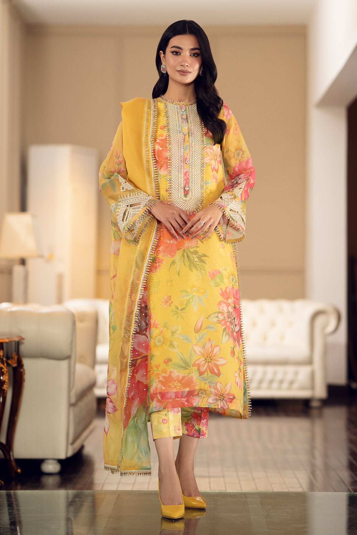 Baroque Digital Printed Swiss Lawn Collection -Yellow Floral