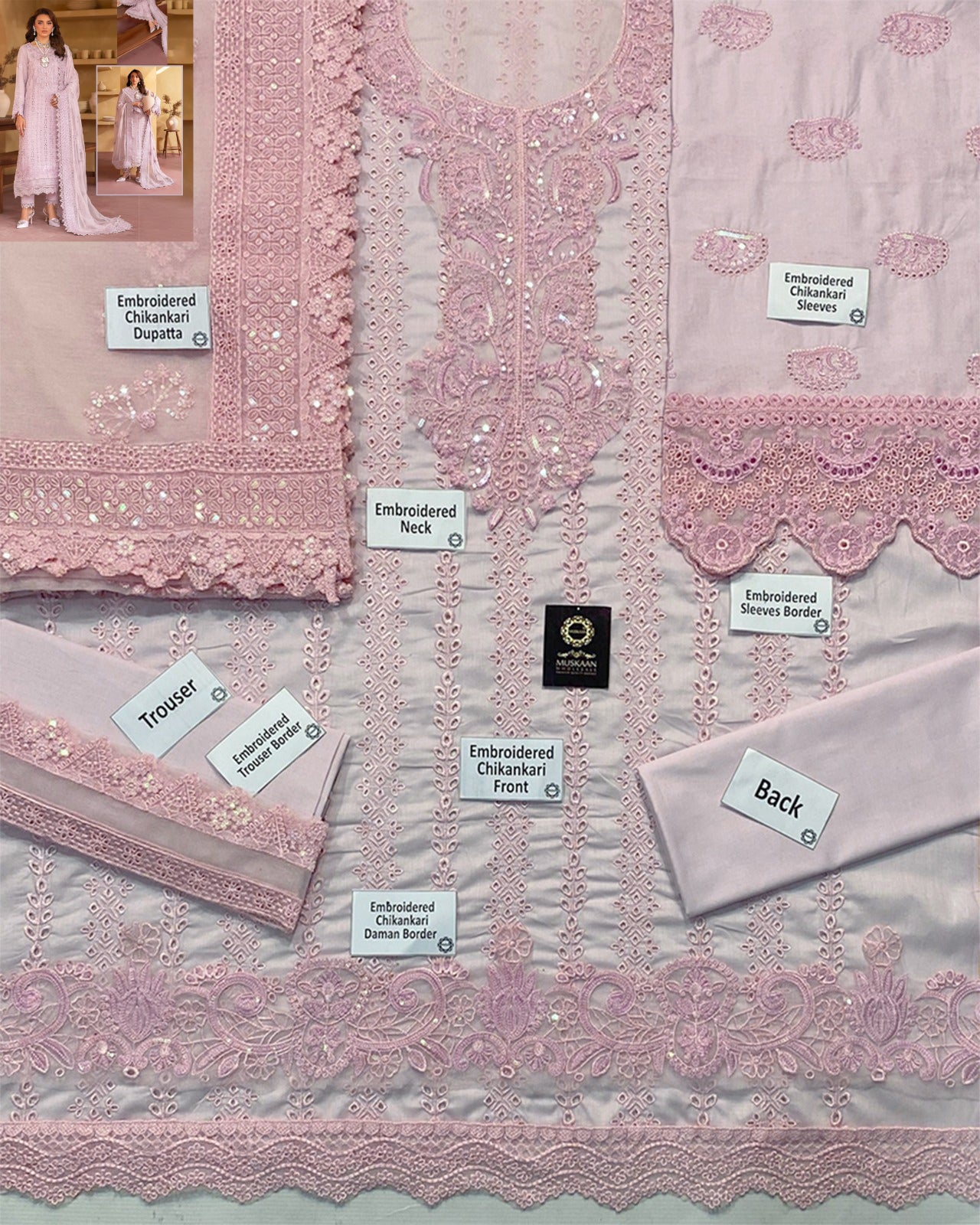 Nureh Embroidered Chikankari Luxury Lawn Collection- Powder Baby Pink