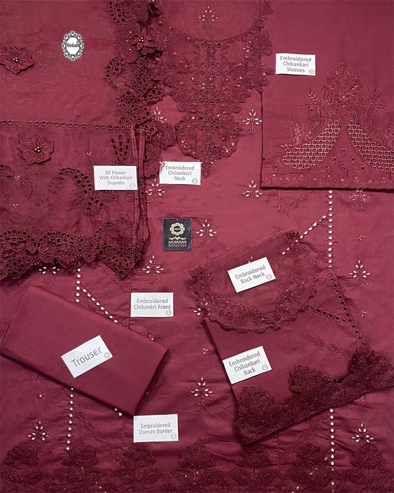 Qalamkar Embroidered Chikankari Luxury Lawn Collection Maroon
