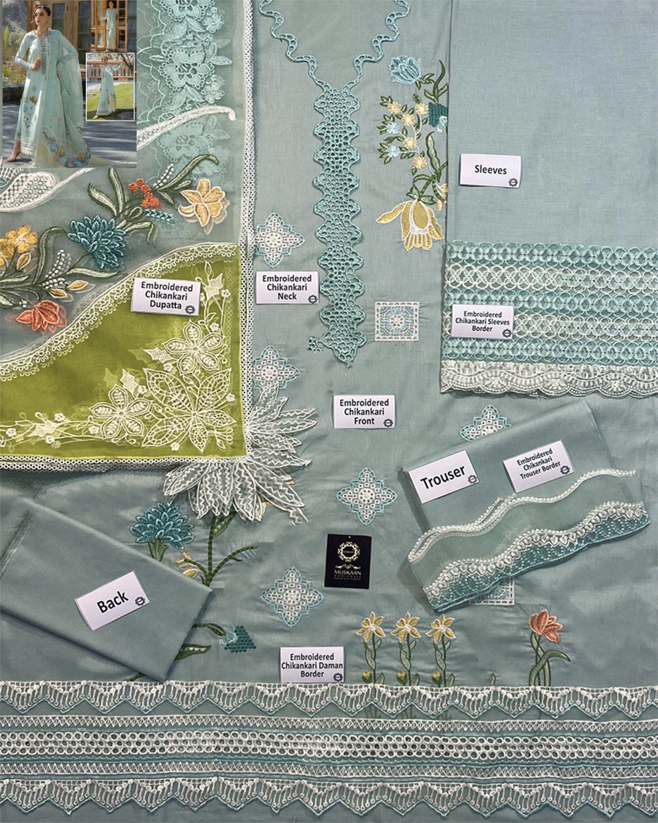 Crimson Embroidered Luxury CottonCollection- Soft Aqua