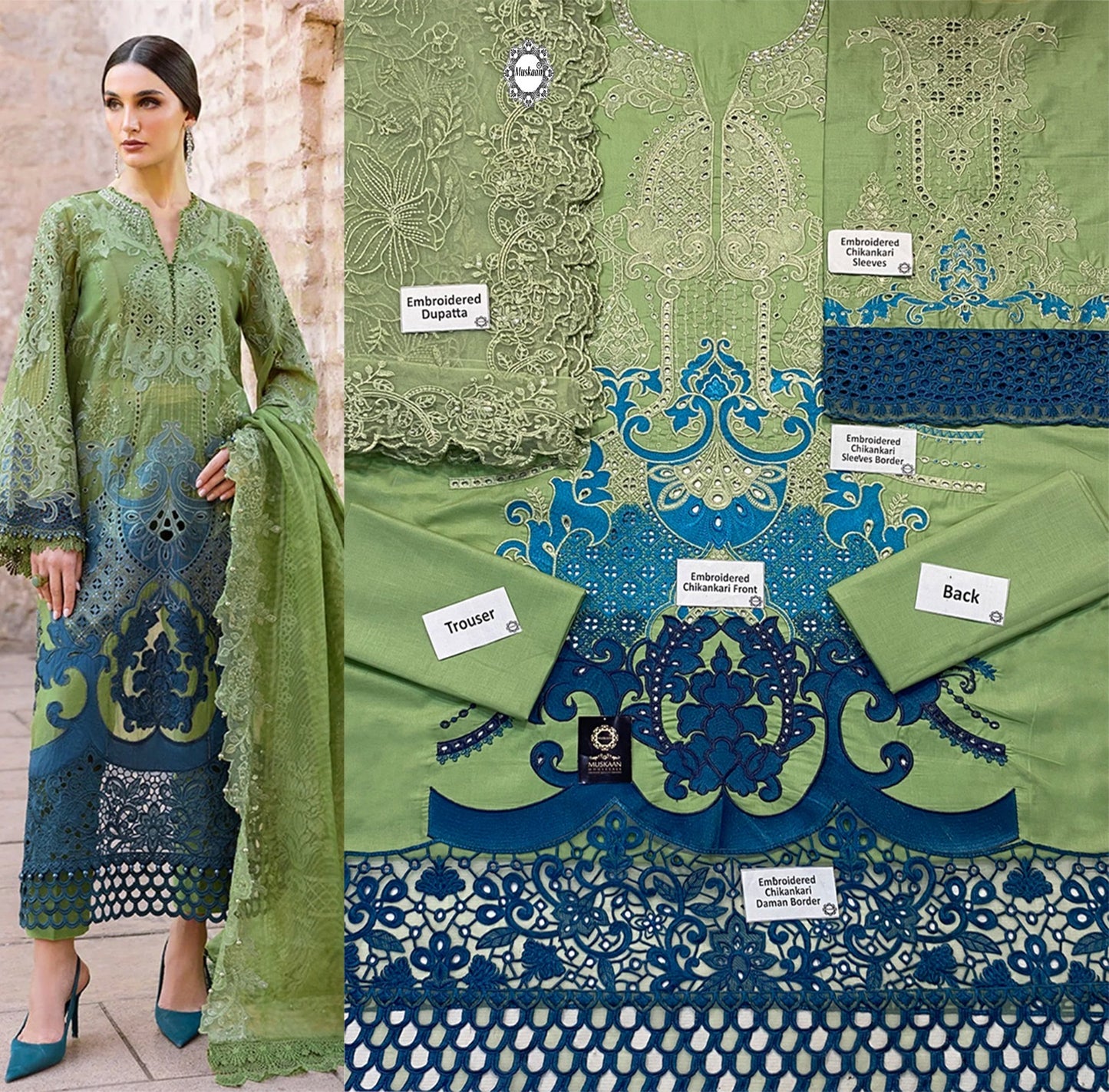 Maria.B Luxury Lawn Embroidered Chikankari Collection 1A- Pista & Teal Blue