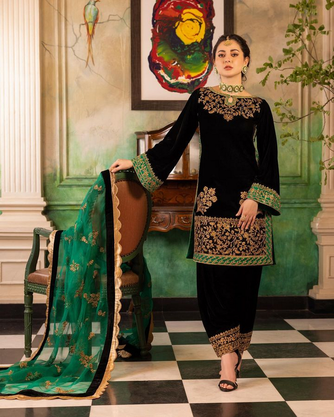 Zainab Chottani Velvet Wedding Collection- Black&Bottle Green