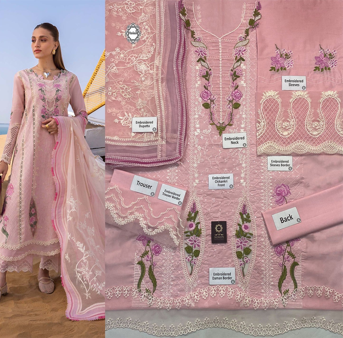 Crimson Flow Luxury Embroidered Chikankari Collection- Powder Pink 2B