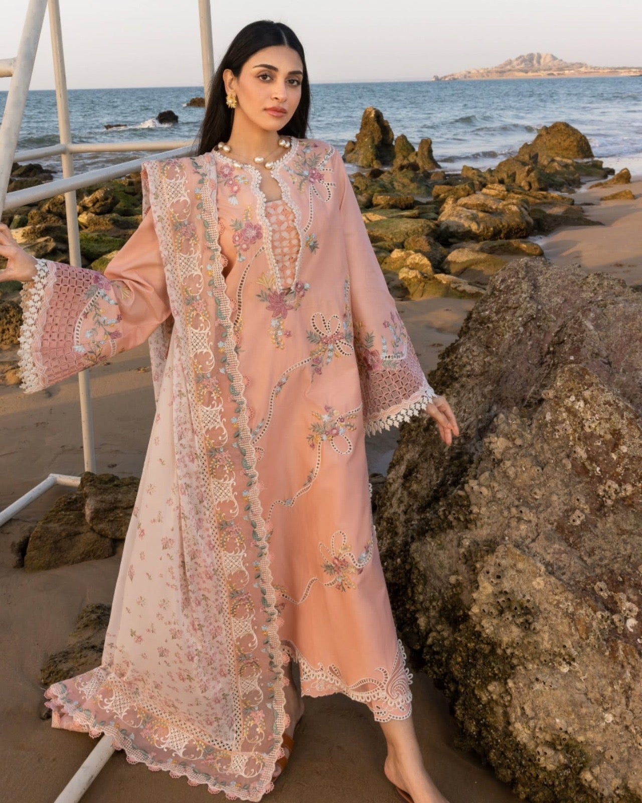 Crimson Flow Luxury Embroidered Chikankari Lawn Collection- Peach Pink