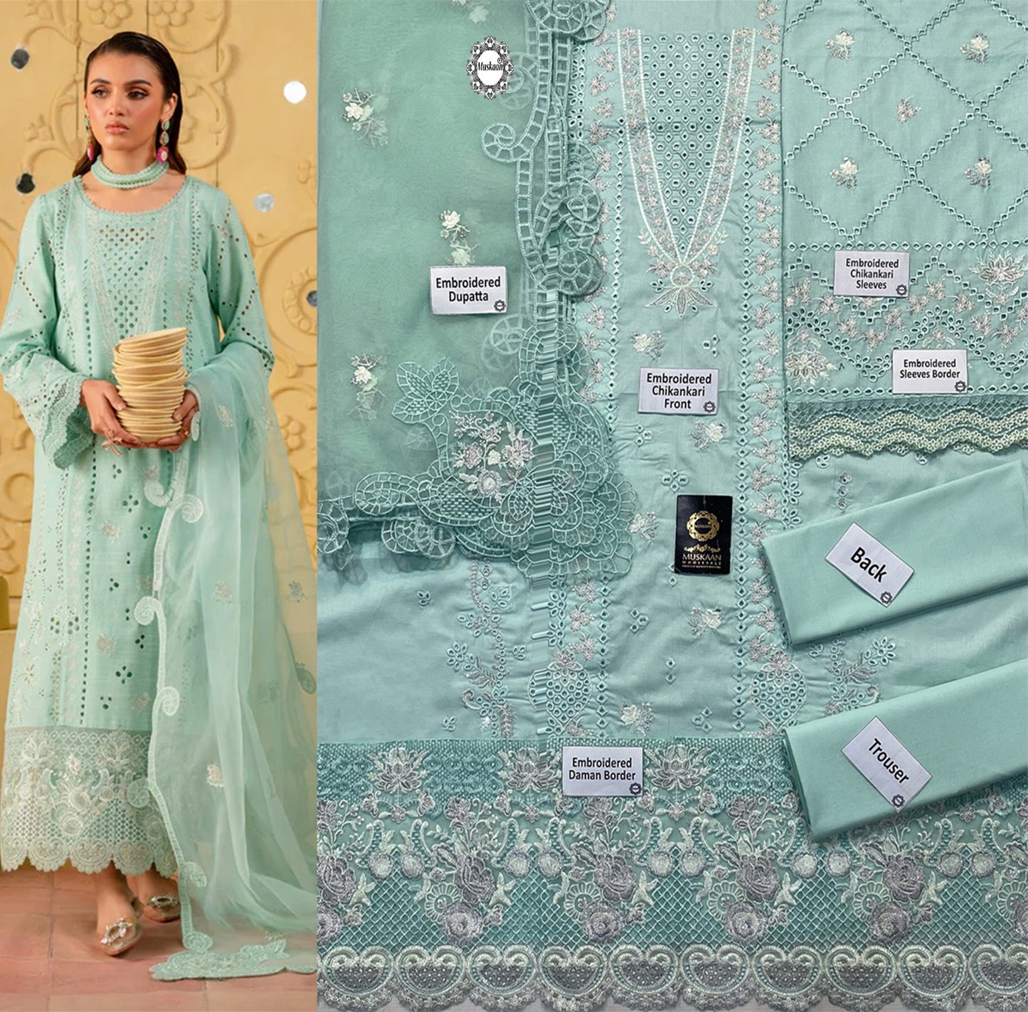 Nureh Embroidered Chikankari Luxury Lawn Collection- Sea Green