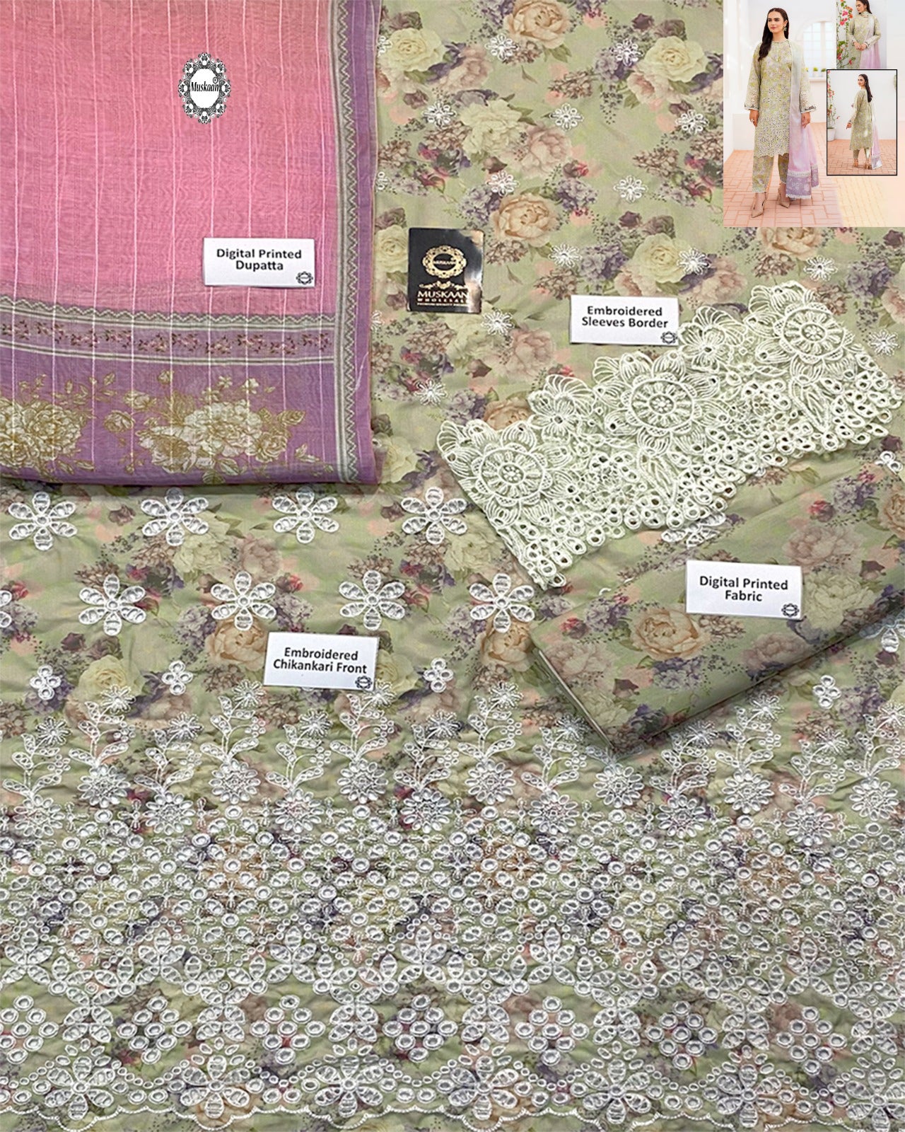 Baroque Chikankari Digital Printed Swiss Lawn Collection - Pistagreen & Lilac